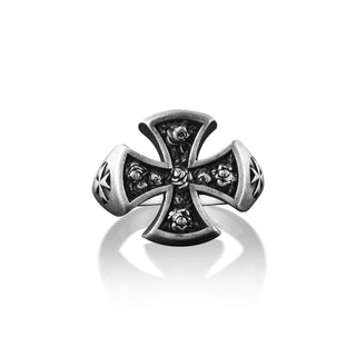 Roses in Templar Cross Ring in Silver, Oxidized Floral Signet Ring For Men, Rose Flower Ring For Boyfriend, Christian Ring For Family