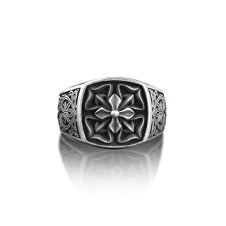 Lotus Floral Cross Mens Ring in Silver, Victorian Style Floral Pinky Signet Ring in Sterling Silver, Flower Ring with Leaf Motifs, Male Ring