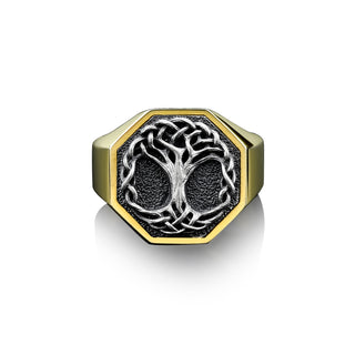 Sterling Silver Viking Yggdrasill Ring, Handmade 925 Silver Family Tree Signet Mens Ring, Mens Wedding Ring, Gold Plated Tree Of Life Rings