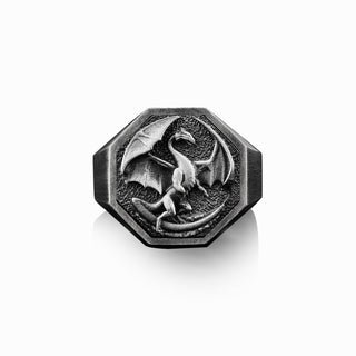 Oxidized 925 Silver Dragon Signet Mens Ring, Men Wedding Dragon Ring, Winged Dragon Boho Men's Ring, Sterling Silver Handmade Man Gift Rings