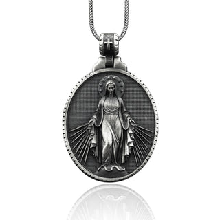 Silver Virgin Mary Men's Necklace, Miraculous Virgin Mary Pendant, Solid Silver Holy Mother Medallion, Religious Catholic Mens Gift Necklace