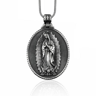 Silver Virgin Mary Guadalupe Men Necklace, Holy Mother Medallion, Our Lady of Guadalupe Necklace, Guadalupe Silver Charm, Catholic Necklace