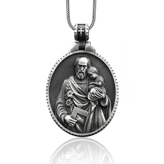 Silver Saint Joseph Necklace, Saint Joseph Mens Pendant, Christian Saint Joseph Medallion, Silver Christian Jewelry, Religious Mens Gift