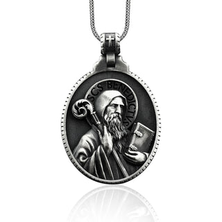 Saint Benedict Necklace, Christian Saint Benedict Medallion, Saint Benedict Men Pendant, Silver Saint Benedict, Religious Silver Mens Gift