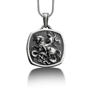 St george and the dragon necklace for men in sterling silver, Personalized religious necklace for catholic, Dad necklace