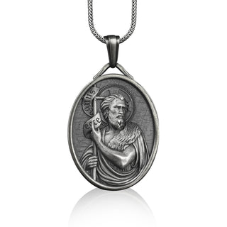 St john the baptist medal necklace in silver, Personalized religious medal necklace for christian, Necklace for catholic