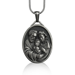 The Holy Family Silver Oval Pendant, Customizable Christian Necklace, Catholic Wedding Gift, Handmade Religious Charm Necklace, Men Gift