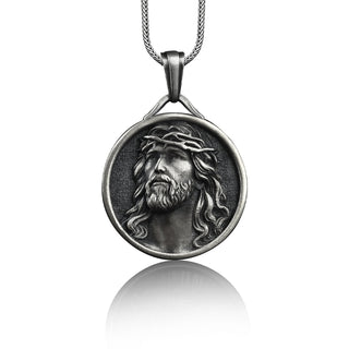 Jesus christ crown of thorns pendant necklace in silver, Personalized religious necklace for men, Christian necklace