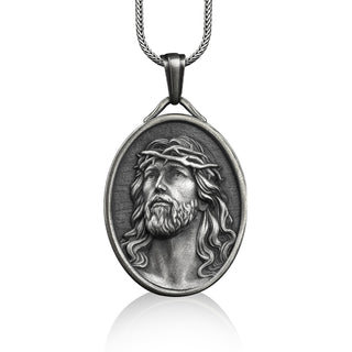 Jesus with crown of thorns pendant necklace in silver, Personalized religious necklace for catholic, Christian necklace