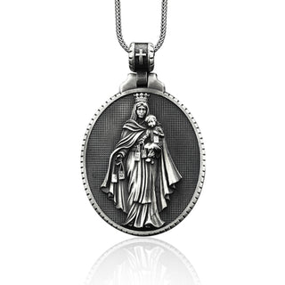 Silver Virgin Mary Mens Necklace, Virgen Del Carmen Pendant, Silver Catholic Pendant, Holy Mother Necklace, Silver Religious Men's Jewelry