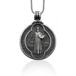 Saint Benedict Necklace,  Christian Saint Benedict Medallion, Saint Benedict Men Pendant, Silver Saint Benedict, Religious Silver Mens Gift