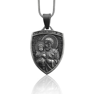 St joseph and baby jesus pendant necklace in silver, Religious necklace for christian family, Catholic necklace for dad