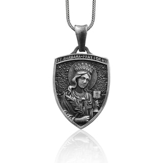 Saint Barbara Pray For Us Handmade Sterling Silver Men Charm Necklace, Great Martyr Barbara Jewelry, St Barbara Pendant, Christian Mens Gift