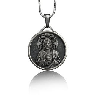 Jesus sacred heart mens pendant necklace in 925 silver, Personalized necklace for christian, Faith necklace for husband