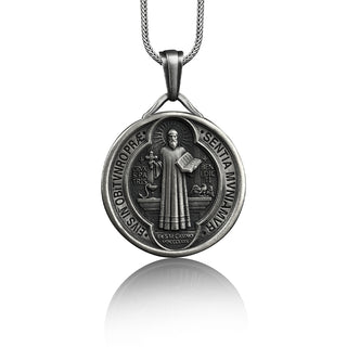 Saint benedict mens silver pendant necklace with custom name, St benedict necklace for men, Catholic necklace for dad
