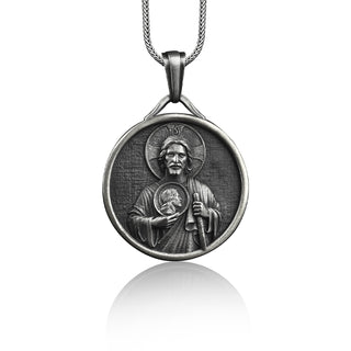 Saint Jude  Handmade Sterling Silver Men Charm Necklace, Saint Jude Men Jewelry, St Jude Pray For Us Pendant, Religious Silver Gift Necklace