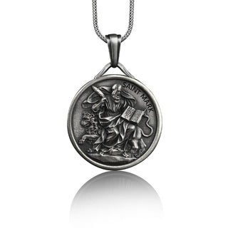 Sterling Silver Handmade Saint Mark Necklace, Christan Saint Mark Charm Pendant, Religious Men Silver Jewelry, Mom and Dad Silver Charm Gift