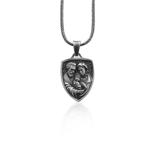 Christian Holy Family Charm Necklace for Men in Silver, Virgin Mary Baby Jesus Saint Joseph Jewelry, Holy Family Pendant, Catholic Men Gift