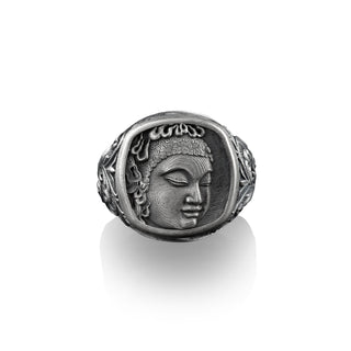 Buddha Signet Pinky Ring For Men in Sterling Silver, Buddhist Hinduism Jewelry, Engraved Mens Rings, Personalized Signet Rings for Women