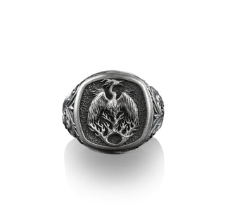 Phoenix in Flames Signet Ring, Sterling Silver Square Signet, Pinky Rings for Women, Men's Gold Signet Ring, Mythology Lover Gift