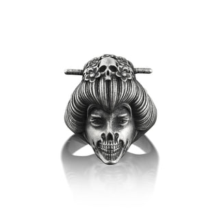 Geisha Japanese Art Gothic Ring, Artistic Ring in Punk Style, Extraordinary Mens Skull Ring in Silver, Goth Jewelry For Men, Cool Ring