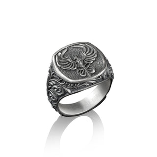 Immortal Phoenix Bird Signet Ring, Sterling Silver Square Signet Ring, Greek Mythology Jewelry, Mens Gold Signet Ring, Pinky Rings for Women