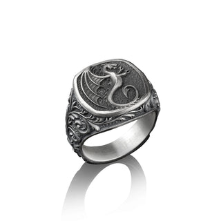 Winged Dragon, Sterling Silver Square Signet Ring, Mythical Creature, Mens Rings, Pinky Rings for Women, For Mythology Enthusiasts