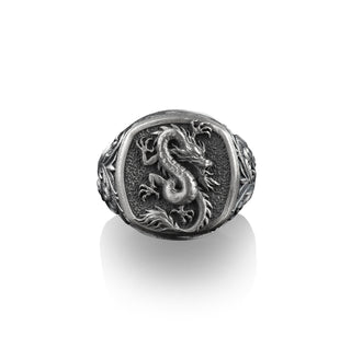 Azure Wyvern Square Signet Ring, Chinese Dragon Mythology, Sterling Silver Mens Rings, Pinky Signet Rings for Women, Small Anniversary Gift