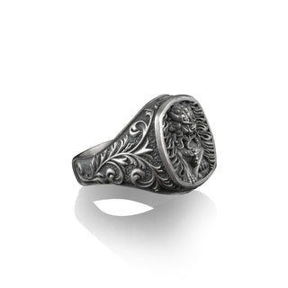 Handmade Japanese Foo Dog, Sterling Silver Square Signet Ring, Mythology Lover Gift, Engraved Mens Rings, Pinky Rings for Women