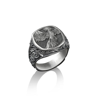 Winged Phoenix Square Signet Ring for Men in Sterling Silver, Phoenix Gold Man Ring, Pinky Rings for Women, Mythology Lover Gift, Small Gift