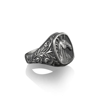 Unicorn Signet Pinky Ring for Men in Sterling Silver, Signet Wedding Ring for Men, Mythology Lover Gift, Victorian Pattern with Unicor Ring