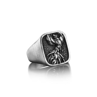 Phoenix Fire Bird Mens Ring in Silver, Square Signet Ring For Men, Fantasy Ring For Best Friend, Mythology Ring For Husband, Cool Male Ring