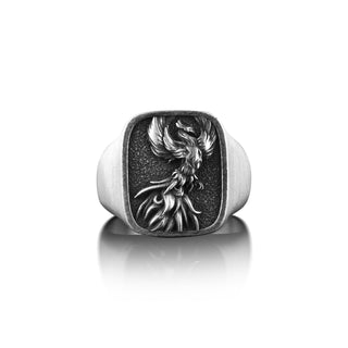 Phoenix Fire Bird Mens Ring in Silver, Square Signet Ring For Men, Fantasy Ring For Best Friend, Mythology Ring For Husband, Cool Male Ring