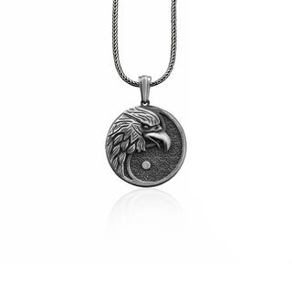 Eagle on Yin and Yang Charm Necklace for Men in Sterling Silver, Yin and Yang Silver Men Jewelry, Wild Bird Pendant, Mythology Men Necklace