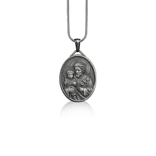 St joseph with baby jesus pendant necklace in silver, Personalized religious necklace for catholic, Christian necklace