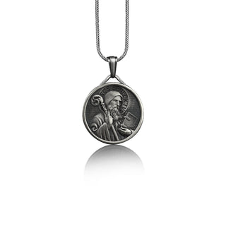 Saint benedict mens medallion necklace in silver, St benedict pendant with custom name, Personalized christian necklace