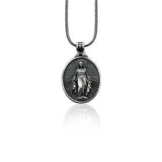 Silver Virgin Mary Men's Necklace, Miraculous Virgin Mary Pendant, Solid Silver Holy Mother Medallion, Religious Catholic Mens Gift Necklace