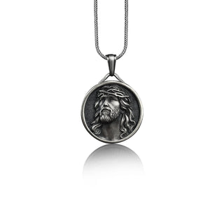 Jesus christ crown of thorns pendant necklace in silver, Personalized religious necklace for men, Christian necklace