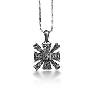 Slavic Cross Necklace with Hieroglyphics, Slavic Symbols on Cross Pendant, Pagan Necklace in Sterling Silver, Occult Necklace For Boyfriend