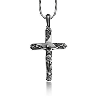 Crucifix cross necklace for men, Sterling silver mens floral cross pendant with Jesus, Christian necklace for boyfriend