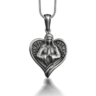 Praying angel in heart pendant necklace in sterling silver, Archangel necklace for mama, Spiritual necklace for wife