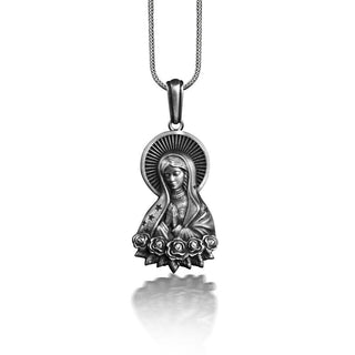 Virgin Mary in Prayer with Rose Necklace, Sterling Silver Mother Mary Necklace For Mama, Spiritual Necklace For Christian, Faith Necklace