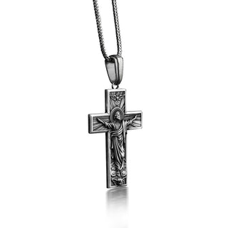 Ascension of Jesus Cross Necklace, Engraved Jesus in Cross Mens Pendant in Silver, Spiritual Necklace For Christian, Religious Necklace