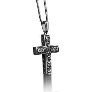 Floral cross necklace in 925 sterling silver, Cross pendant with spiral motifs, Unique Christian necklace for family