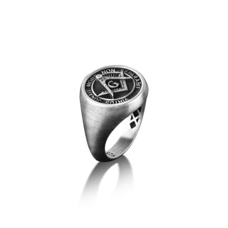 Masonic Pinky Signet Ring in Silver, Freemason Ring For Husband in Oxidized Silver, Engraved Master Mason Signet Ring For Men, Male Ring
