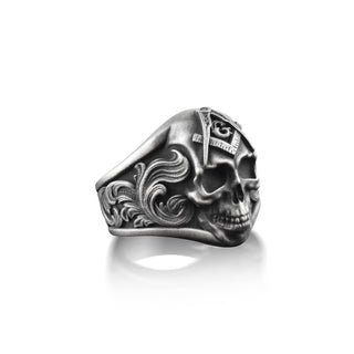 Masonic Skull Ring in Oxidized Silver, Freemason Gothic Ring For Husband, Engraved Biker Ring For Men, Mason Ring For Family, Cool Men Ring