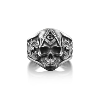 Masonic Skull Ring in Oxidized Silver, Freemason Gothic Ring For Husband, Engraved Biker Ring For Men, Mason Ring For Family, Cool Men Ring