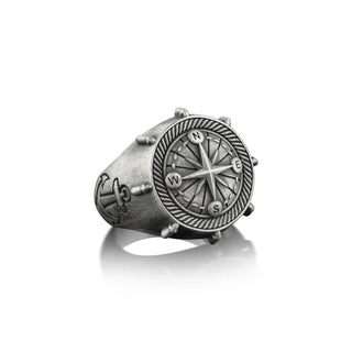 Compass Ring with Intaglio Anchor, Sterling Silver Oxidized Signet Ring For Men, Cool Male Ring For Boyfriend, Everyday Ring For Husband
