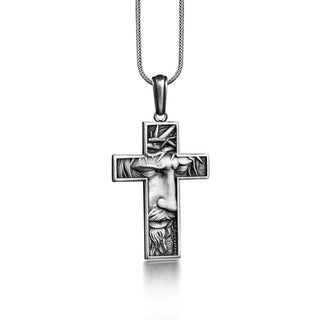 Silver Jesus with Crown of Thorns in Cross Necklace for Men, Engraved Cross Silver Pendant, Faith Necklace For Christian, Religious Necklace