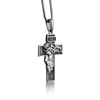 King of The Jews Jesus Necklace, Jesus in Cross INRI Necklace For Christian, Oxidized Faith Necklace in Sterling Silver, Religious Necklace